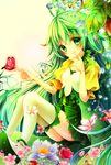  alraune_(p&amp;d) antenna_hair aqeme bug butterfly dress finger_to_mouth flower green green_dress green_eyes green_hair insect jewelry leaf lily_of_the_valley long_hair necklace pink_flower pink_rose plant_girl puffy_short_sleeves puffy_sleeves puzzle_&amp;_dragons rose shoes short_sleeves sitting smile solo striped striped_dress thigh_strap very_long_hair 