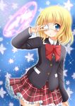  blazer blonde_hair blue_eyes blush chuunibyou_demo_koi_ga_shitai! cosplay cross eyepatch frilled_skirt frills gochuumon_wa_usagi_desu_ka? highres jacket kirima_sharo magic_circle plaid plaid_skirt school_uniform seiyuu_connection short_hair skirt solo takanashi_rikka takanashi_rikka_(cosplay) thighhighs uchida_maaya v_over_eye zenon_(for_achieve) 