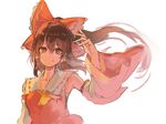  bow breasts brown_eyes brown_hair detached_sleeves hair_bow hair_tubes hakurei_reimu japanese_clothes long_hair miko pisoshi ponytail sarashi small_breasts solo touhou upper_body wide_sleeves 