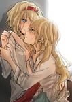  alice_margatroid blonde_hair blue_eyes blush breasts hairband hug kirisame_marisa long_hair medium_breasts mitsunara multiple_girls shirt short_hair sweatdrop touhou undressing white_shirt yellow_eyes yuri 