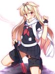  adapted_costume blonde_hair blush bridal_gauntlets fang hair_flaps hair_ornament hair_ribbon hairclip highres kantai_collection kneeling long_hair neckerchief open_mouth pink_eyes pleated_skirt puffy_short_sleeves puffy_sleeves racer_(magnet) red_neckwear remodel_(kantai_collection) ribbon scarf school_uniform serafuku short_sleeves skirt solo thigh_strap torpedo very_long_hair yuudachi_(kantai_collection) 