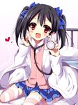  bed black_hair coat doctor female happy lab_coat labcoat long_hair looking_at_viewer love_live!_school_idol_project open_mouth red_eyes solo stethoscope striped striped_legwear thighhighs twintails uguisu_mochi_(ykss35) yazawa_nico 