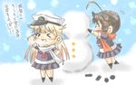  &gt;_&lt; ahoge black_gloves black_hair black_serafuku black_skirt blonde_hair braid closed_eyes commentary gloves hair_flaps hair_ornament hair_ribbon hairclip hat kantai_collection kneehighs multiple_girls necktie peaked_cap pleated_skirt red_neckwear remodel_(kantai_collection) ribbon salute scarf school_uniform serafuku shigure_(kantai_collection) single_braid skirt snow snowing snowman steam taisa_(kari) translated white_scarf yuudachi_(kantai_collection) |_| 