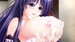  1girl amasaka_takashi bare_shoulders blue_eyes blush breast_squeeze breasts cum cum_on_body cum_on_breasts cum_on_upper_body erect_nipples facial game_cg highres huge_breasts long_hair looking_down no_bra open_mouth purple_hair solo standing unionism_quartet 