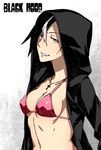  bikini_top black_hair black_hood blue_eyes highres hood hoodie kamezaemon multicolored_hair original simple_background solo two-tone_hair 