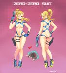  adapted_costume ass blonde_hair blue_eyes blush breasts butt_crack choker erotibot gloves gun hand_on_hip heart holding holding_gun holding_weapon holster large_breasts looking_at_viewer metroid metroid_(creature) multiple_views navel ponytail revealing_clothes samus_aran simple_background thigh_gap thigh_holster trigger_discipline weapon zero_suit 