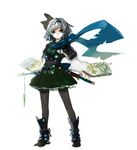  adapted_costume aqua_eyes black_hairband boots expressionless full_body hairband katana konpaku_youmu looking_at_viewer scarf short_hair silver_hair sketch skirt solo standing sword thighhighs tlman touhou weapon white_background wide_sleeves 