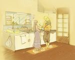  2boys :&gt; ahoge baby babywearing bad_id bad_pixiv_id barefoot blonde_hair closed_eyes cooking door dress family father_and_son housewife husband_and_wife hyuuga_hinata k27d kitchen long_hair mother_and_son multiple_boys naruto naruto_(series) pregnant purple_hair short_hair slippers uzumaki_boruto uzumaki_naruto 