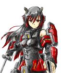  black_hair breasts cosmic_break harukon_(halcon) long_hair looking_at_viewer medium_breasts ouka_(cosmic_break) red_eyes simple_background sketch solo sword weapon white_background 