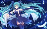  aqua_eyes aqua_hair center_opening dress elbow_gloves feathers floating_hair gloves hatsune_miku kazenokaze long_hair looking_at_viewer open_mouth outstretched_arms single_elbow_glove solo spread_arms thighhighs twintails very_long_hair vocaloid wings 
