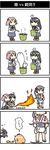  4koma ahoge akebono_(kantai_collection) alternate_costume anger_vein black_eyes black_hair blowtorch broom bucket comic crab fire flower food growth hair_flower hair_ornament hiya_gohan kantai_collection mochi multiple_girls oboro_(kantai_collection) orange_hair pink pink_eyes pink_hair purple_eyes purple_hair sazanami_(kantai_collection) translated ushio_(kantai_collection) 