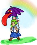  2girls aqua_hair boots frog_hair_ornament geta green_eyes green_hair hair_ornament heterochromia highres kochiya_sanae leomodesto multiple_girls piggyback rain rainbow red_eyes snake_hair_ornament tatara_kogasa tongue tongue_out touhou umbrella 