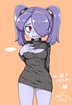  1girl artist_request blue_hair blue_skin blush breasts hair_over_one_eye open-chest_sweater red_eyes skullgirls squigly_(skullgirls) stitched_mouth translation_request twintails zombie 
