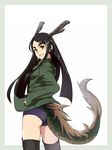  ass black_hair black_legwear cowboy_shot dragon_girl dragon_horns dragon_tail eyebrows fusou_empire_princess horns long_hair long_sleeves military military_uniform simple_background solo strike_witches_zero swimsuit swimsuit_under_clothes tail tail_slit_clothes thick_eyebrows thighhighs uniform uno_ichi very_long_hair white_background world_witches_series 