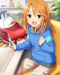  artist_request backpack bag baseball_cap binder blush book brown_eyes eraser hat hat_removed headwear_removed hood hoodie idolmaster idolmaster_cinderella_girls jpeg_artifacts long_hair looking_at_viewer mechanical_pencil official_art open_mouth orange_hair pencil randoseru shorts sitting solo source_request star yuuki_haru 