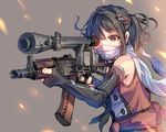  1pn58_scope aiming aks-74u assault_rifle bangs bare_shoulders black_gloves black_hair brown_eyes daito elbow_gloves finger_on_trigger fingerless_gloves gloves gun hair_ornament holding holding_gun holding_weapon kantai_collection multicolored_hair remodel_(kantai_collection) rifle scarf scarf_over_mouth scope sendai_(kantai_collection) short_hair solo two-tone_hair weapon white_scarf 