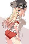  adjusting_buruma adjusting_clothes alternate_costume ass bismarck_(kantai_collection) blonde_hair blue_eyes blush breasts buruma flying_sweatdrops gym_uniform hat highres impossible_clothes impossible_shirt kantai_collection large_breasts long_hair looking_at_viewer military_hat oota_yuuichi peaked_cap shirt simple_background solo white_background 
