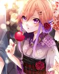  bad_id bad_pixiv_id blurry bokeh braid brown_hair candy_apple depth_of_field flower food hair_flower hair_ornament hairclip idolmaster idolmaster_cinderella_girls japanese_clothes karasumakarma1225 kimono looking_at_viewer multicolored_hair nail_polish ninomiya_asuka obi purple_eyes purple_hair sash shippou_(pattern) solo yukata 