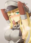  aqua_eyes armpits ayyh bad_id bad_pixiv_id bare_shoulders bismarck_(kantai_collection) blonde_hair blush breasts brown_gloves condom condom_in_mouth detached_sleeves gloves grey_background highres kantai_collection large_breasts long_hair long_sleeves military military_uniform mouth_hold one_eye_closed simple_background solo steaming_body sweat uniform 