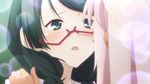  2girls black_hair blush chloe_von_einzbern fate/kaleid_liner_prisma_illya fate/kaleid_liner_prisma_ilya fate_(series) female glasses green_eyes hair_ornament hairclip kurihara_suzuka_(fate/kaleid_liner) multiple_girls open_mouth pink_hair semi-rimless_glasses tears yuri 