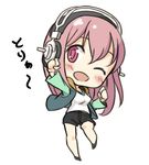  ;d blush breasts chibi headphones long_hair looking_at_viewer medium_breasts minoa_(lastswallow) nitroplus one_eye_closed open_mouth pink_eyes pink_hair smile solo super_sonico 