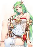  aqua_eyes blush breasts cleavage green_hair huge_breasts jewelry kid_icarus long_hair looking_at_viewer md5_mismatch necklace open_mouth palutena sitting smile solo thighhighs tiara very_long_hair white_legwear yappen 