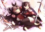  black_hair blue_eyes dual_persona fate/stay_night fate_(series) highres kyuri_tizu long_hair long_legs multiple_girls sword thighhighs toosaka_rin two_side_up weapon 