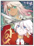  bad_id bad_pixiv_id balmung_(fate/apocrypha) blue_eyes chibi dark_skin dark_skinned_male facial_mark fate/apocrypha fate_(series) green_eyes heru_(goldprin) jewelry karna_(fate) long_hair multiple_boys pink_hair siegfried_(fate) single_earring sword weapon white_hair 