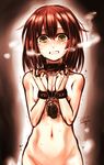  absurdres bdsm blush bondage bound brown_hair chain collar commentary cuffs explosive green_eyes grenade handcuffs highres kotoba_noriaki lock looking_at_viewer nude original out-of-frame_censoring peril scared short_hair slave solo 