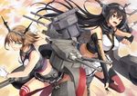  black_hair breasts brown_hair chain elbow_gloves gloves green_eyes headband headgear kantai_collection large_breasts long_hair looking_at_viewer medium_breasts midriff multiple_girls mutsu_(kantai_collection) nagato_(kantai_collection) neko_(yanshoujie) open_mouth red_eyes skirt smile thighhighs white_gloves 