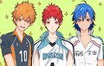  akashi_seijuurou bad_id bad_pixiv_id blue_eyes blue_hair brown_eyes brown_hair crossover haikyuu!! hinata_shouyou kuroko_no_basuke male_focus manami_sangaku multiple_boys multiple_crossover orange_eyes orange_hair rod_(rod4817) sparkle uniform yowamushi_pedal 