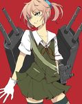  bad_id bad_pixiv_id blue_eyes cowboy_shot gloves halto_(citrus) highres kantai_collection neck_ribbon pink_hair ponytail red_neckwear red_ribbon ribbon shiranui_(kantai_collection) smile solo turret uniform vest white_gloves 