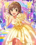  artist_request breasts brown_eyes brown_hair cleavage dress gloves honda_mio idolmaster idolmaster_cinderella_girls jewelry jpeg_artifacts large_breasts leaning_forward looking_at_viewer necklace official_art open_mouth short_hair solo source_request tiara yellow_dress yellow_gloves 