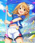  artist_request ball brown_eyes brown_hair cloud cowboy_shot day flag from_below goal hairband heart idolmaster idolmaster_cinderella_girls jpeg_artifacts long_hair looking_at_viewer navel official_art open_mouth shorts sky soccer_ball soccer_field solo source_request stadium star telstar waving_flag wristband yuuki_haru 