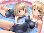  ass bad_id bad_pixiv_id blue_eyes blush breasts brown_hair cleavage competition_school_swimsuit darjeeling girls_und_panzer hairband highres katyusha large_breasts looking_at_viewer lying multiple_girls nksk on_stomach one-piece_swimsuit partially_submerged pool school_swimsuit short_hair skindentation smile swimsuit water 