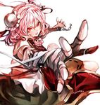  bandages banned_artist bun_cover chain double_bun flower ibaraki_kasen kozou_(soumuden) looking_at_viewer open_mouth outstretched_arm pink_eyes pink_hair puffy_sleeves ribbon rose shirt short_hair short_sleeves simple_background skirt solo tabard touhou vest white_background 