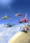  aircraft airplane cloud daisan_hikou_shoujo-tai day f-1 f-4_phantom_ii fighter_jet heads-up_display highres iai_kfir imai_midori jet lens_flare mig-23 military military_vehicle miyamori_aoi multiple_girls nose_art saab_viggen sakaki_shizuka scamp_(scamp_f16) shirobako sky toudou_misa yasuhara_ema 