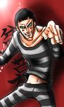  1boy bangs bon_clay fighting_stance impel_down long_sleeves makeup one_piece prison_clothes shirt solo striped striped_shirt 