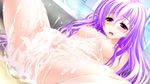  1girl aftersex amasaka_takashi areolae blush breasts cum cum_in_pussy cum_on_body cum_on_breasts cum_on_hair cum_on_lower_body cum_on_upper_body facial game_cg highres large_breasts legs long_hair milfina_sol_eleanord nipples nude open_mouth pool purple_eyes purple_hair solo spread_legs thighs unionism_quartet water 