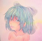  :p bare_shoulders blue_eyes blue_hair bow cirno collarbone hair_bow highres looking_at_viewer pink_background portrait short_hair solo tongue tongue_out touhou traditional_media watercolor_(medium) yuyu_(00365676) 