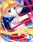  bishoujo_senshi_sailor_moon blonde_hair blue_eyes blue_sailor_collar bow crescent crescent_earrings double_bun earrings full_moon jewelry long_hair looking_at_viewer moon red_bow sa_(h28085) sailor_collar sailor_moon sailor_senshi_uniform solo tiara tsukino_usagi twintails 
