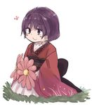  1girl bowl flower japanese_clothes kimono no_hat obi purple_eyes purple_hair sash short_hair smile solo sukuna_shinmyoumaru touhou waira 