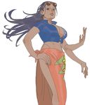  black_hair blue_shirt breasts center_opening cleavage crop_top extra_arms floral_print flower from_below glasses glasses_on_head hair_slicked_back hana_hana_no_mi hand_on_hip large_breasts lips long_hair magic midriff multiple_arms nico_robin no_bra one_piece open_clothes open_shirt parted_lips pink_skirt sarong shirt short_sleeves side_slit simple_background skirt solo standing sunglasses sunglasses_on_head unzipped white_background wind zipper 