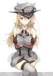  bare_shoulders bismarck_(kantai_collection) blonde_hair blue_eyes breast_hold breasts chibirisu collarbone cowboy_shot crossed_arms crossed_legs detached_sleeves gloves grey_legwear hat kantai_collection large_breasts long_hair looking_at_viewer military military_hat military_uniform peaked_cap simple_background sitting solo thighhighs uniform white_background 