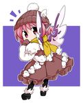  adapted_costume alternate_headwear animal_ears back black_legwear brown_dress byourou chibi dress full_body gloves hat long_sleeves looking_at_viewer looking_back mystia_lorelei open_mouth pantyhose pink_eyes pink_hair pom_pom_(clothes) purple_background scarf shoes short_hair simple_background solo touhou wings 