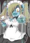  apron blonde_hair blue_skin blush cup disgaea hair_over_one_eye heart long_hair maid maid_(disgaea) maid_apron maid_headdress makai_senki_disgaea_5 nekoderu_(neko_del) open_mouth scar solo teacup twintails zombie 