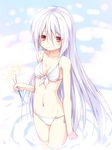  bikini breasts cleavage flower long_hair medium_breasts navel original red_eyes side-tie_bikini silver_hair solo swimsuit wading water yuku_(kiollion) 