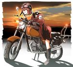  bow cape cloud disembodied_head goggles goggles_on_headwear ground_vehicle hair_bow helmet long_sleeves motor_vehicle motorcycle motorcycle_helmet red_eyes red_hair sekibanki shika_miso short_hair skirt sky smile solo spine sunset touhou 