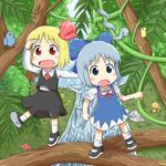  bird blonde_hair blue_eyes blue_hair blush_stickers bow bush chibi cirno dress fern forest hair_bow hair_ribbon hand_on_forehead leg_lift mary_janes mihune multiple_girls mushroom nature open_mouth plant red_eyes ribbon rock rumia shoes short_hair skirt skirt_set snake touhou tree_branch vines water waterfall wings 