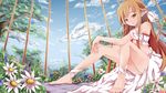  :o ankle_ribbon asuna_(sao) barefoot brown_eyes brown_hair cage cloud dying_(dying0414) ear_covers elf flower highres long_hair long_legs looking_at_viewer pointy_ears ribbon sitting sky solo sword_art_online titania_(sao) toes tree 